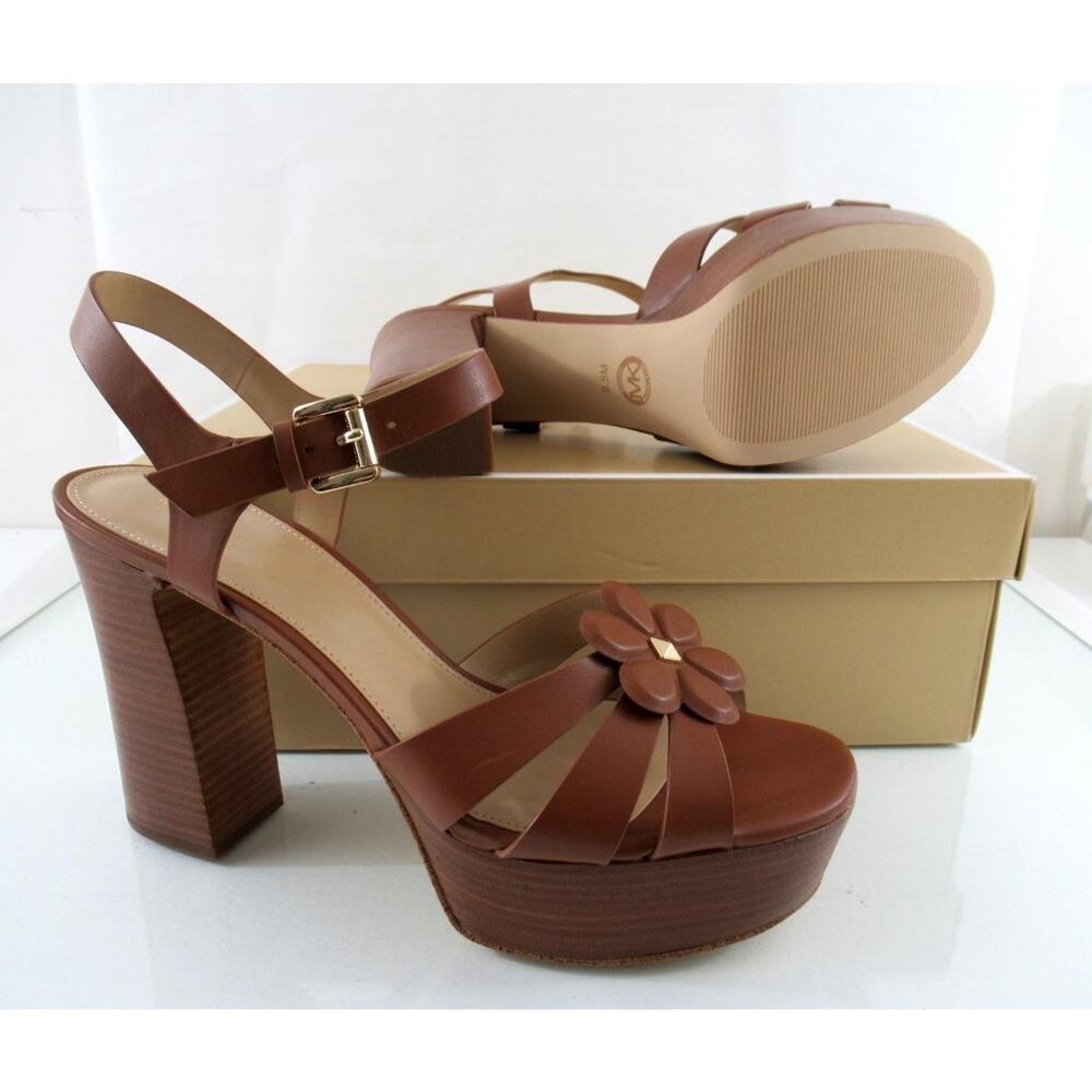 Michael Kors Size 9 Nellie Platform High Heels Sandals Leather Luggage Tan - Picture 9 of 9